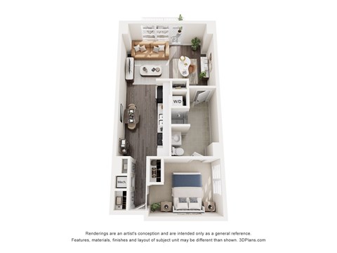 A floor plan of a small apartment with a kitchen, living room, and bathroom.